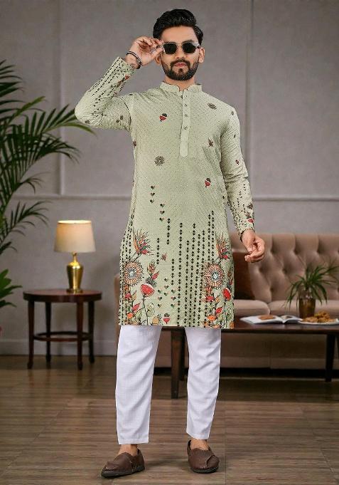 Light Green Embroidery Rayon Kurta Set For Men