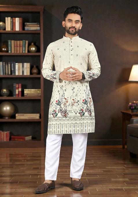 Cream Embroidery Rayon Kurta Set For Men