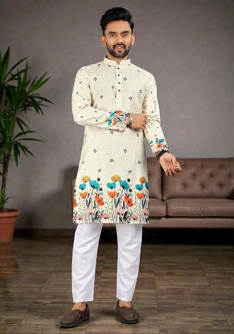 White Embroidery Rayon Kurta Set For Men