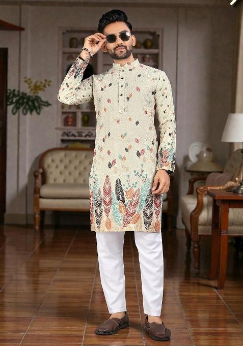 Multicolor Embroidery Rayon Kurta Set For Men