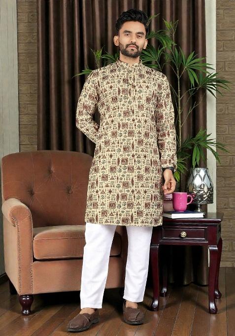 Brown Embroidery Rayon Kurta Set For Men