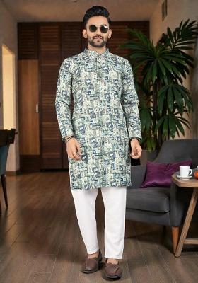 Navy Blue Embroidery Rayon Kurta Set For Men