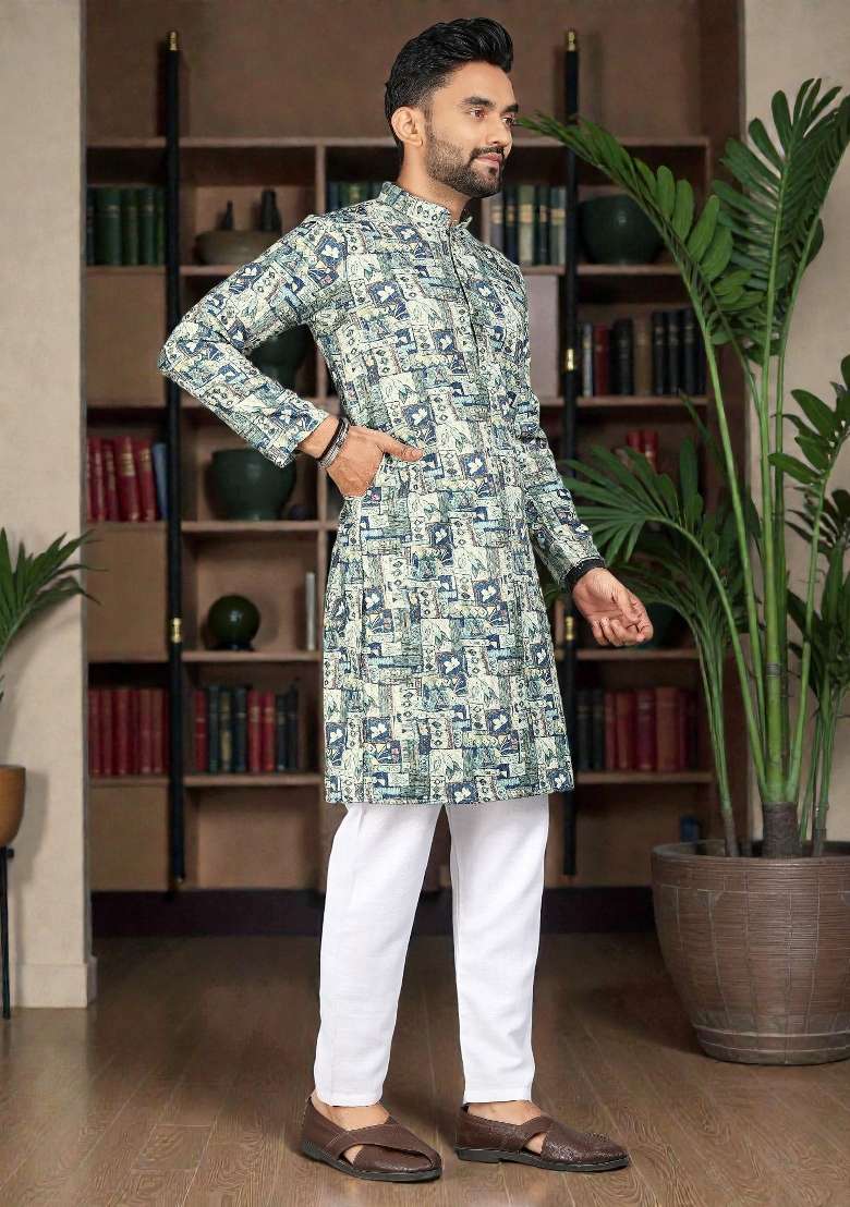 Navy Blue Embroidery Rayon Kurta Set For Men - Indya