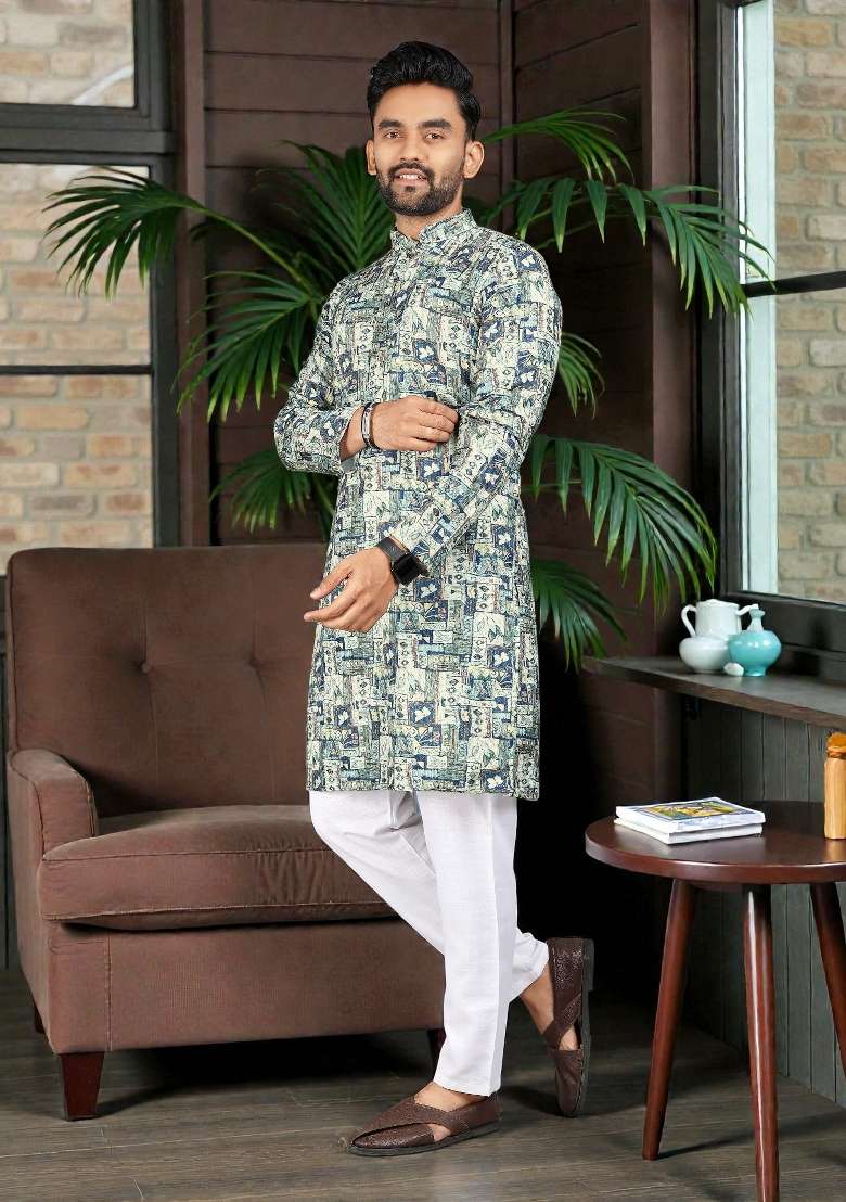 Navy Blue Embroidery Rayon Kurta Set For Men - Indya