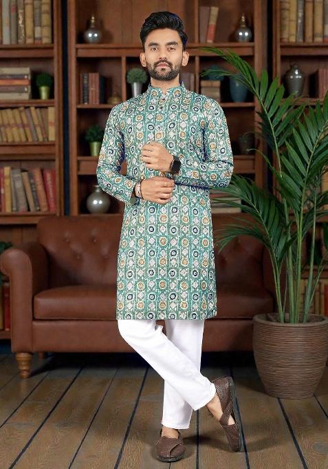 Orange Embroidery Rayon Kurta Set For Men