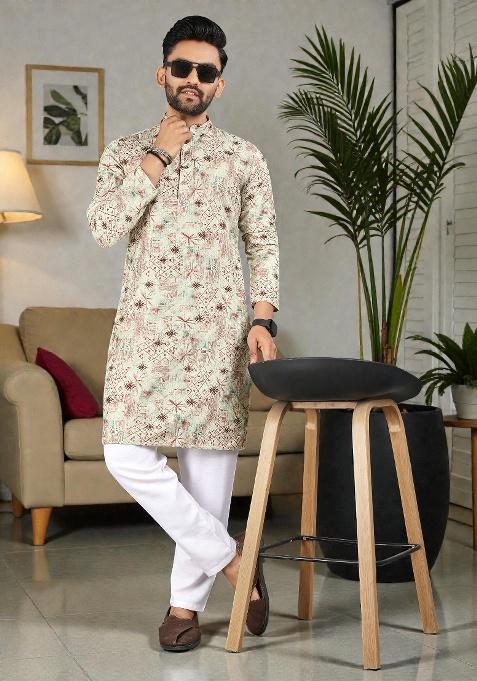 Red Embroidery Rayon Kurta Set For Men