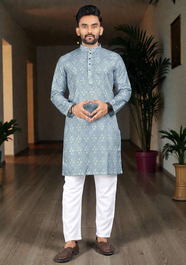 Sky Blue Embroidery Rayon Kurta Set For Men - Indya