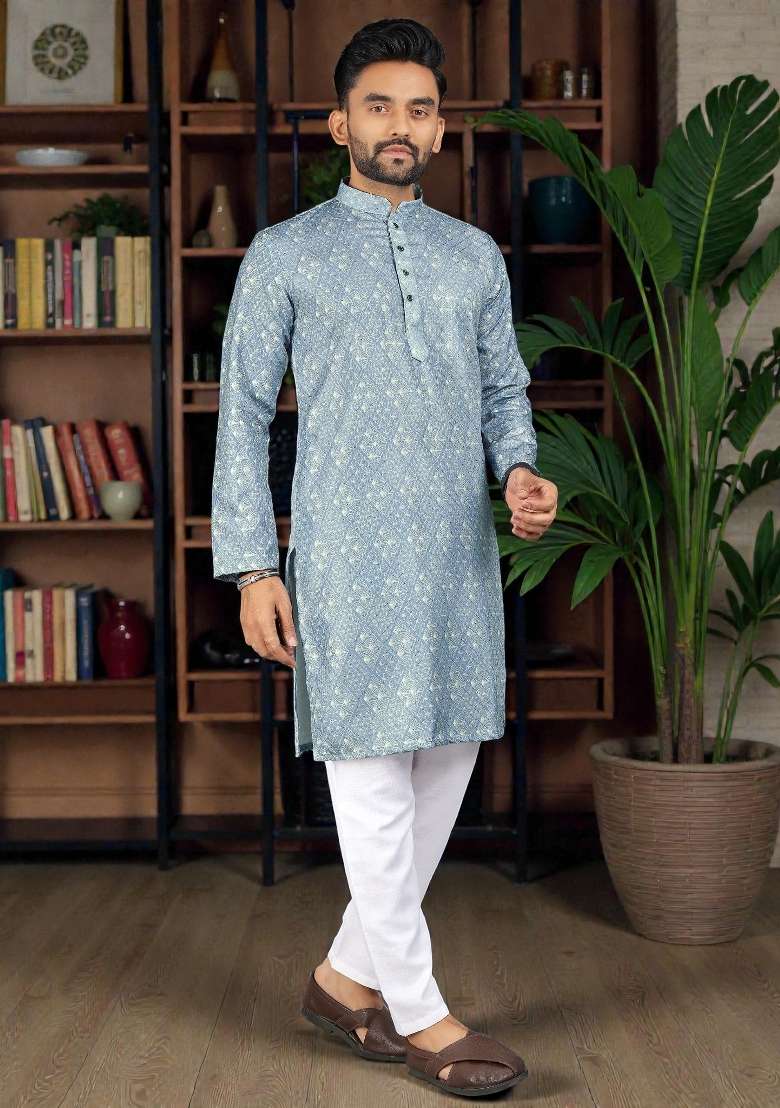 Sky Blue Embroidery Rayon Kurta Set For Men - Indya