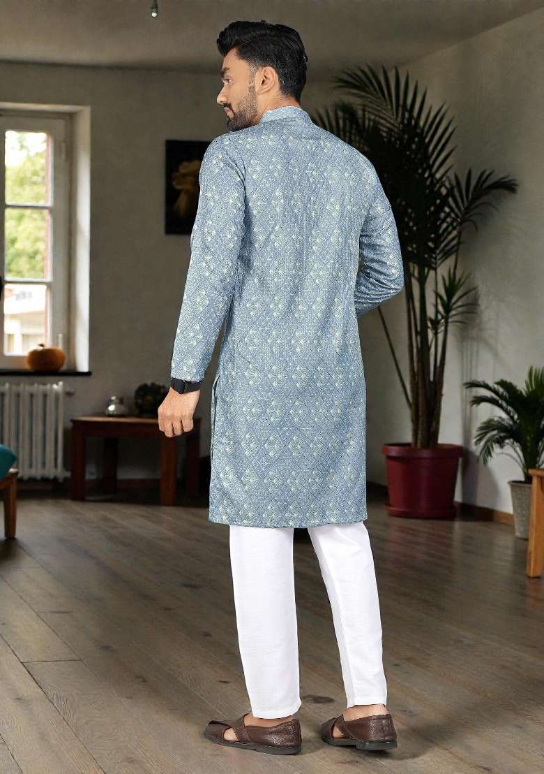 Sky Blue Embroidery Rayon Kurta Set For Men - Indya