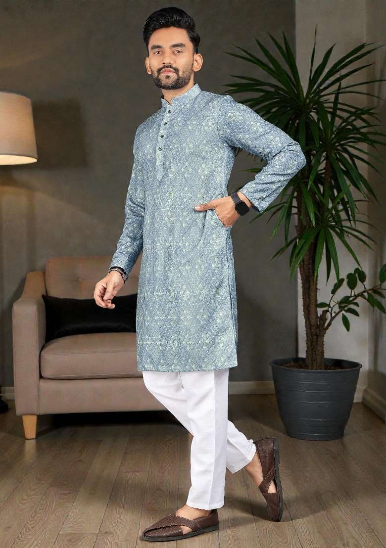 Sky Blue Embroidery Rayon Kurta Set For Men - Indya
