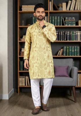 Yellow Embroidery Rayon Kurta Set For Men