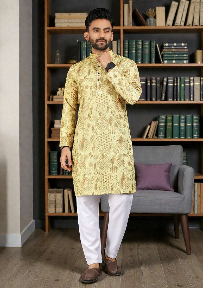 Yellow Embroidery Rayon Kurta Set For Men - Indya