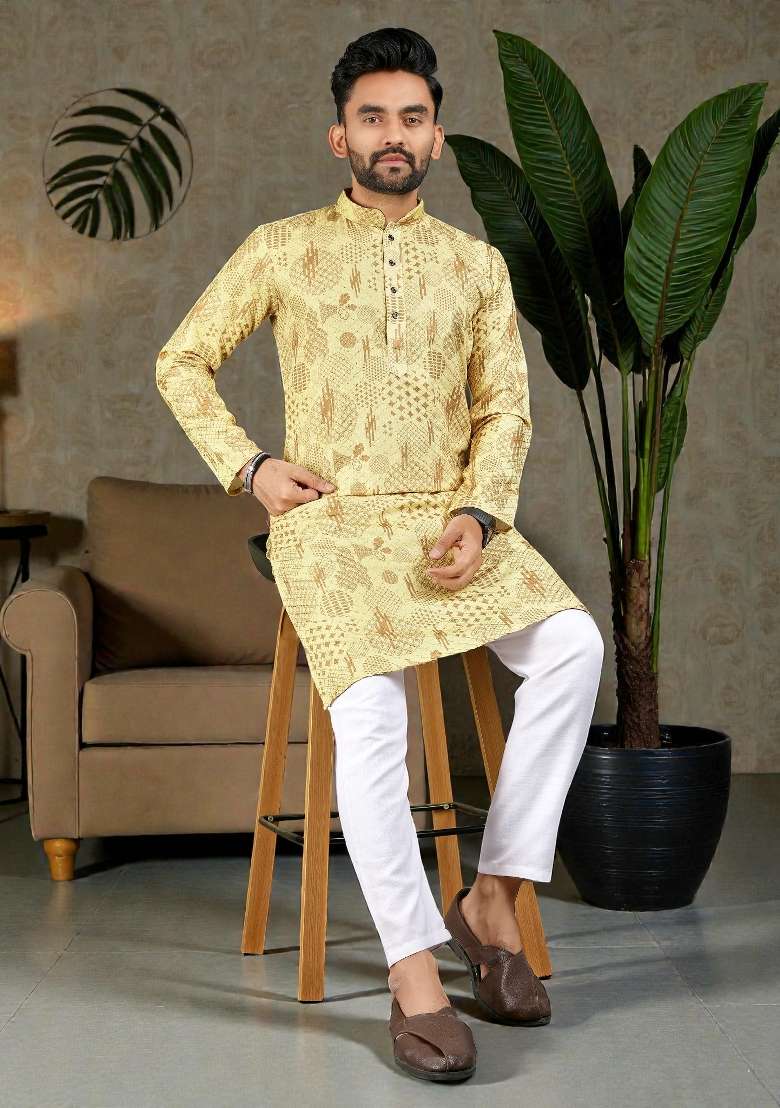 Yellow Embroidery Rayon Kurta Set For Men - Indya