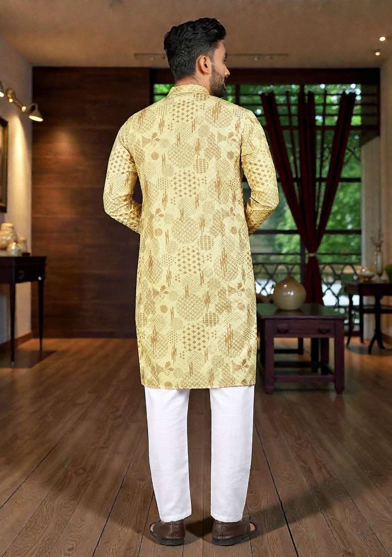 Yellow Embroidery Rayon Kurta Set For Men - Indya