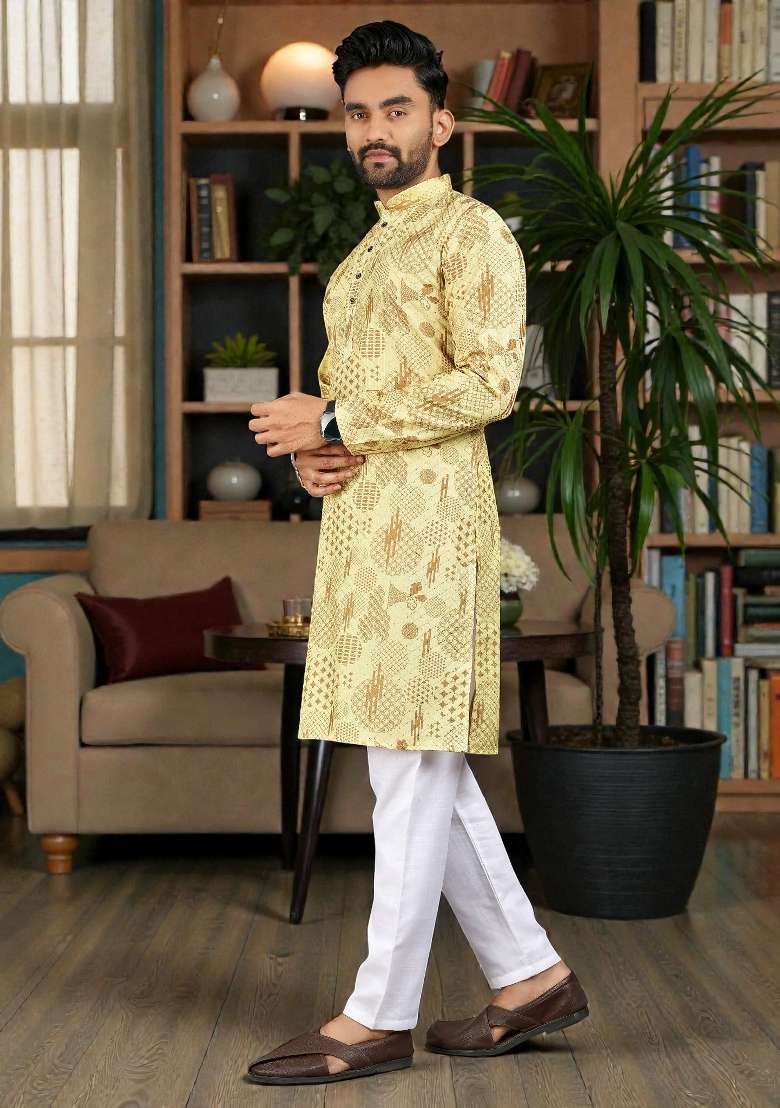 Yellow Embroidery Rayon Kurta Set For Men - Indya