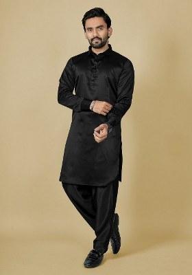 Black Motif Satin Kurta Set For Men
