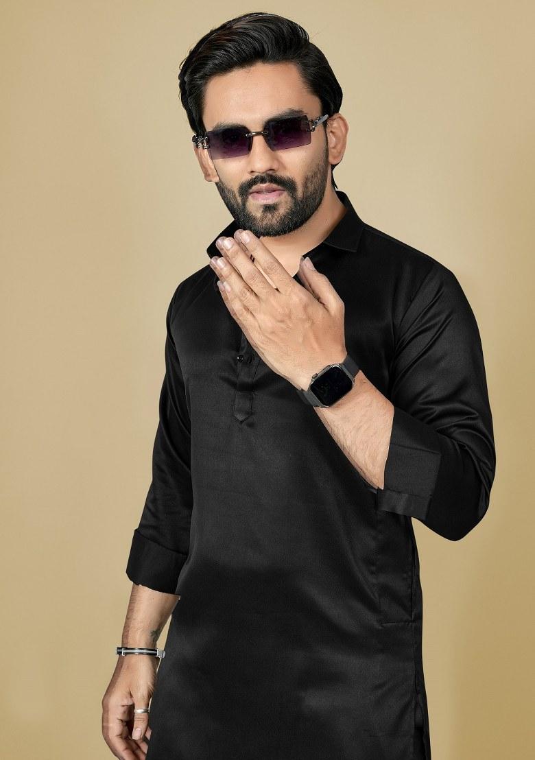 Black Motif Satin Kurta Set For Men - Indya