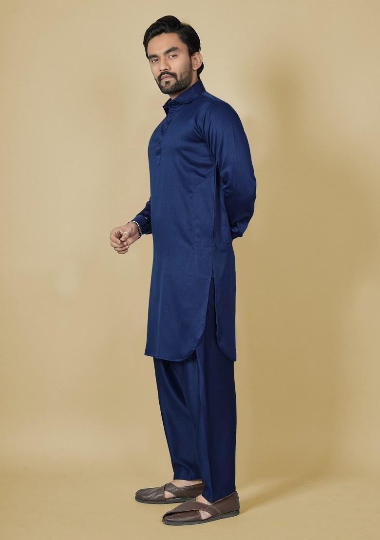 Black Motif Satin Kurta Set For Men - Indya