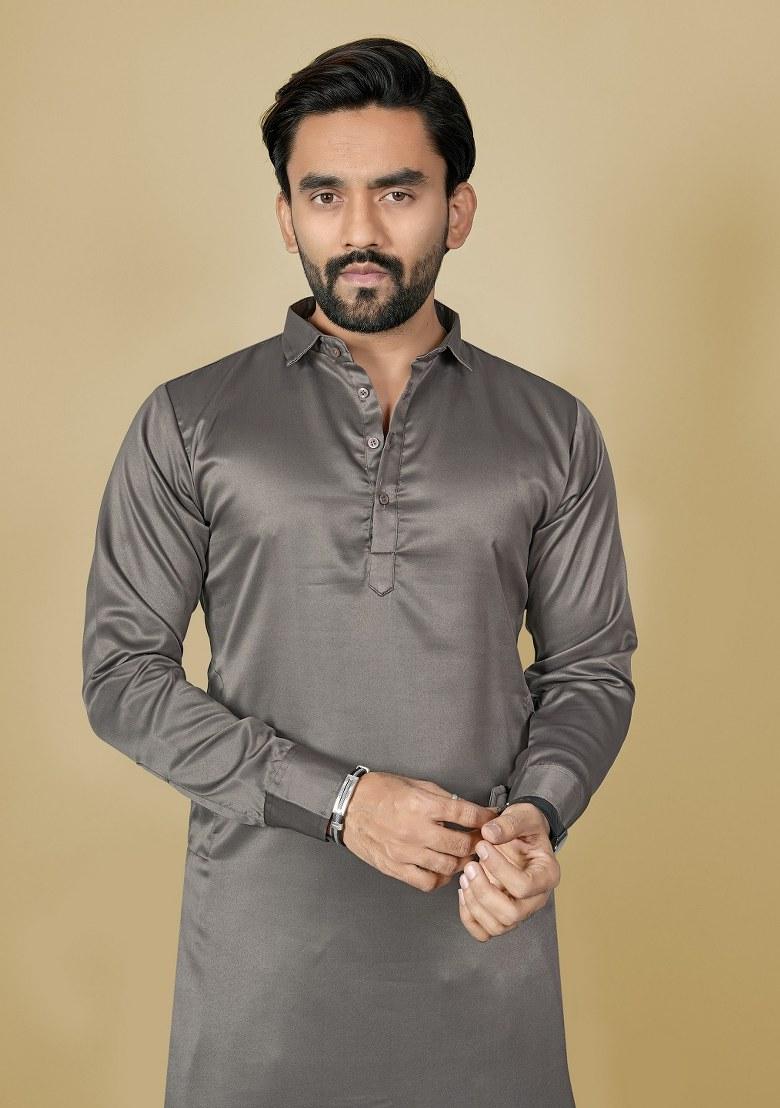 Black Motif Satin Kurta Set For Men - Indya
