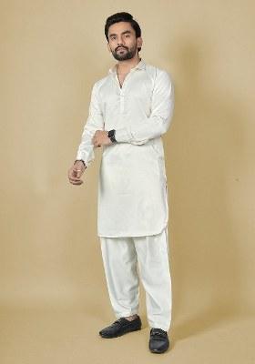 Black Motif Satin Kurta Set For Men