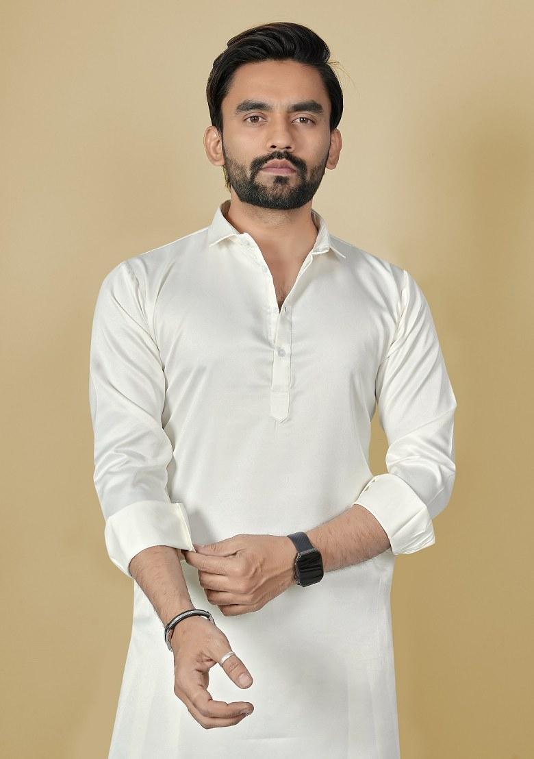 Black Motif Satin Kurta Set For Men - Indya
