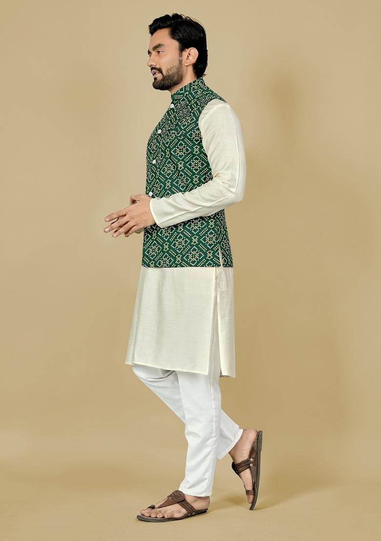 Green Motif Satin Kurta Set For Men - Indya