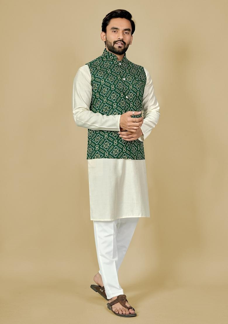 Green Motif Satin Kurta Set For Men - Indya