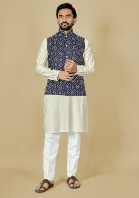 Navy Blue Motif Satin Kurta Set For Men