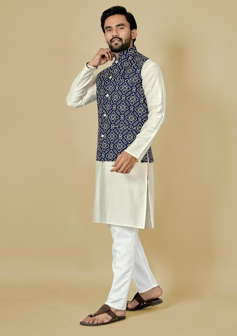 Navy Blue Motif Satin Kurta Set For Men - Indya