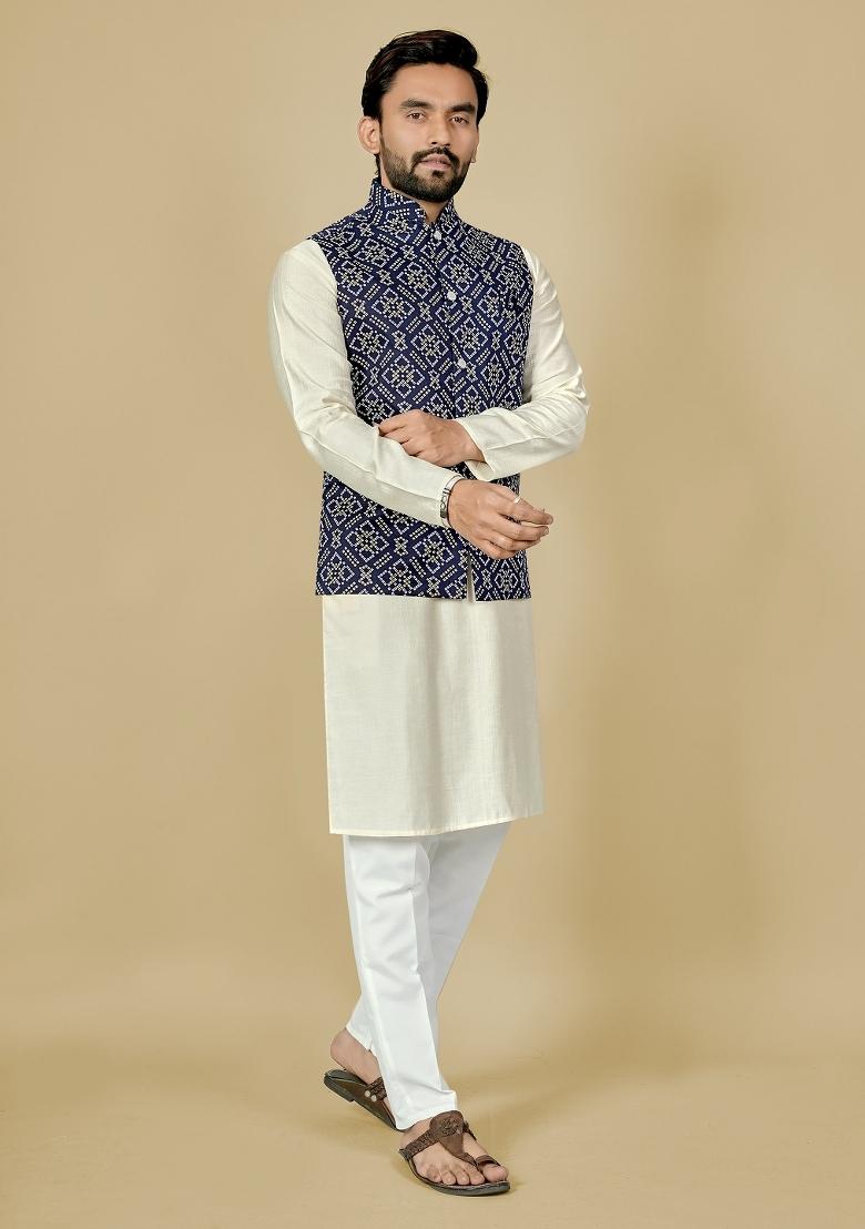 Navy Blue Motif Satin Kurta Set For Men - Indya