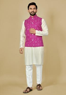 Pink Motif Satin Kurta Set For Men