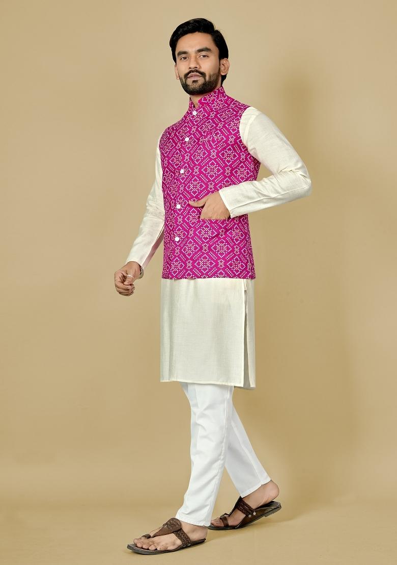 Pink Motif Satin Kurta Set For Men - Indya