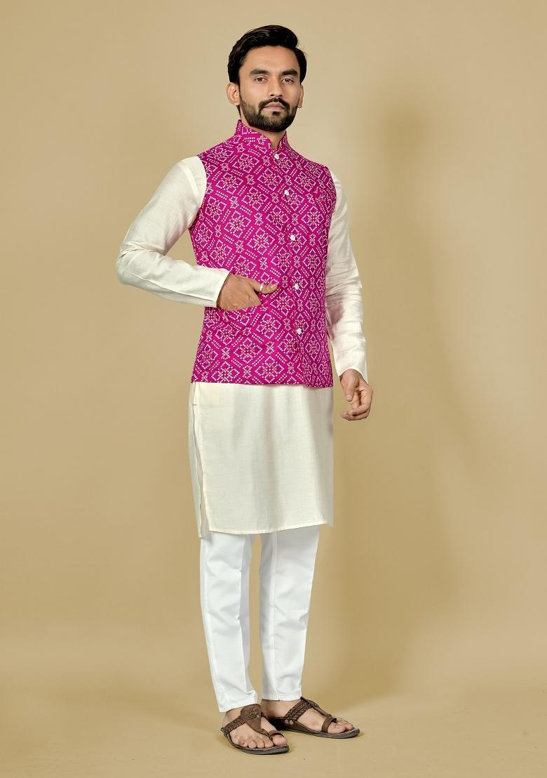 Pink Motif Satin Kurta Set For Men - Indya