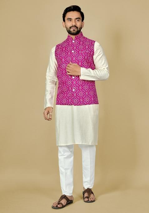 Pink Motif Satin Kurta Set For Men