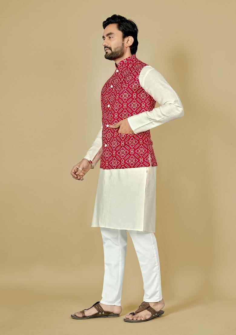Red Motif Satin Kurta Set For Men - Indya