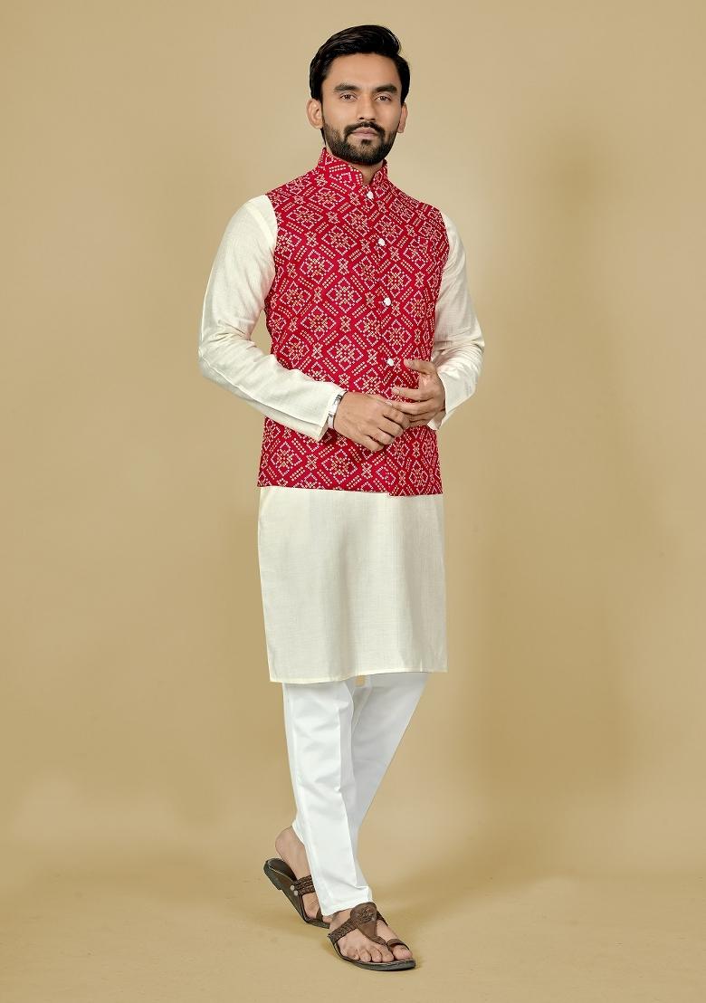 Red Motif Satin Kurta Set For Men - Indya