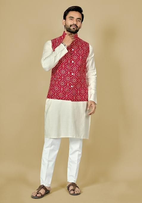 Red Motif Satin Kurta Set For Men