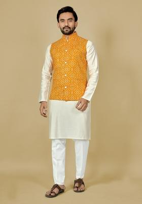 Yellow Motif Satin Kurta Set For Men