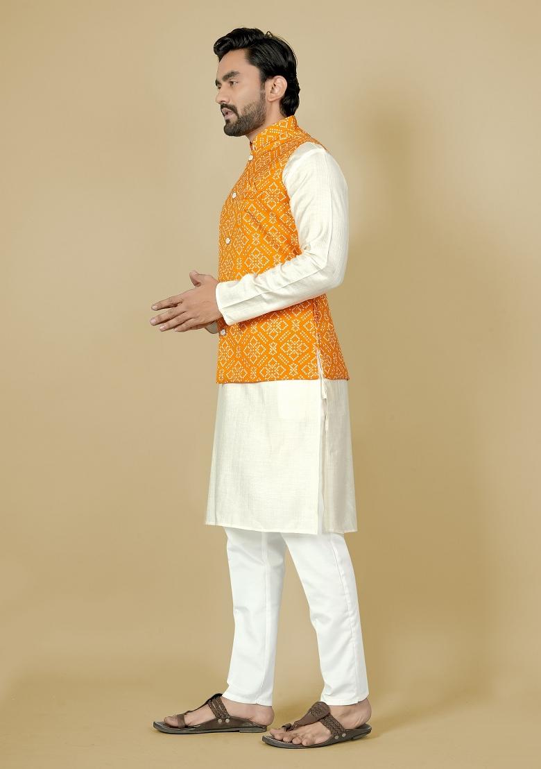 Yellow Motif Satin Kurta Set For Men - Indya