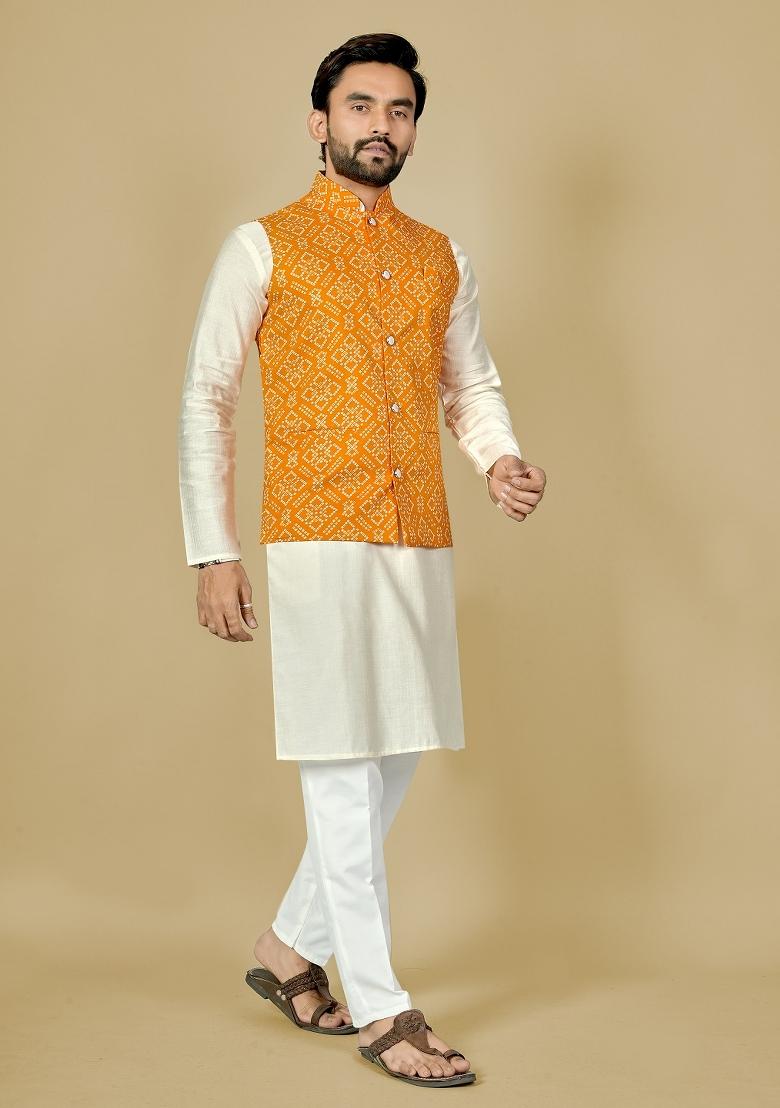 Yellow Motif Satin Kurta Set For Men - Indya