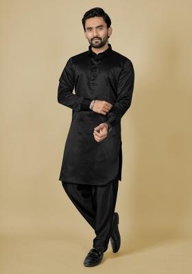 Black Motif Satin Kurta Set For Men