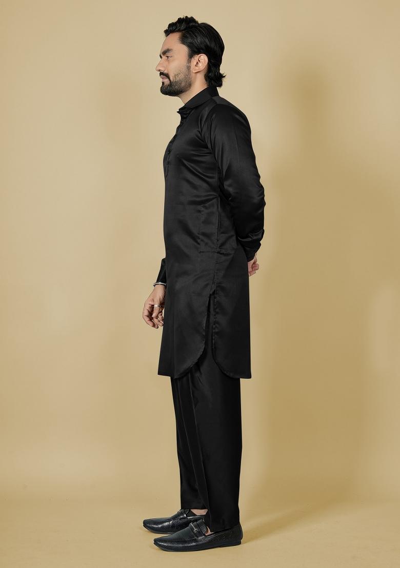 Black Motif Satin Kurta Set For Men - Indya