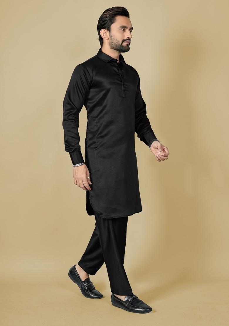 Black Motif Satin Kurta Set For Men - Indya