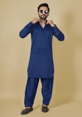 Blue Motif Satin Kurta Set For Men