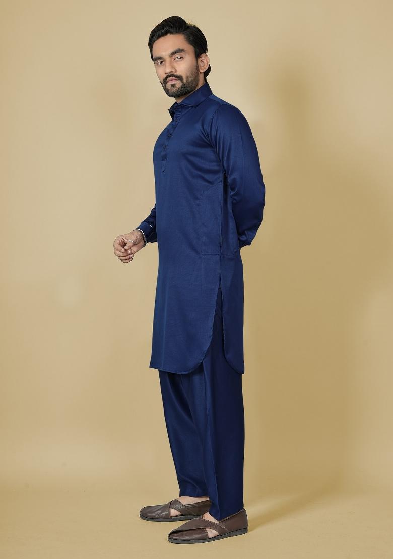 Blue Motif Satin Kurta Set For Men - Indya