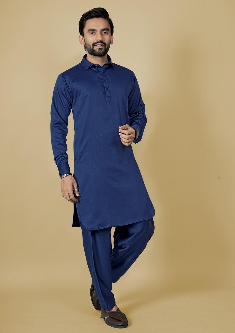 Blue Motif Satin Kurta Set For Men - Indya