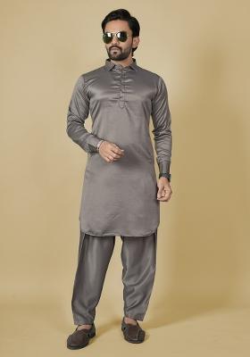 Brown Motif Satin Kurta Set For Men