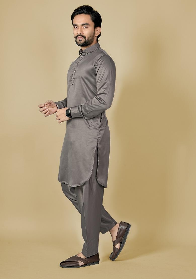 Brown Motif Satin Kurta Set For Men - Indya
