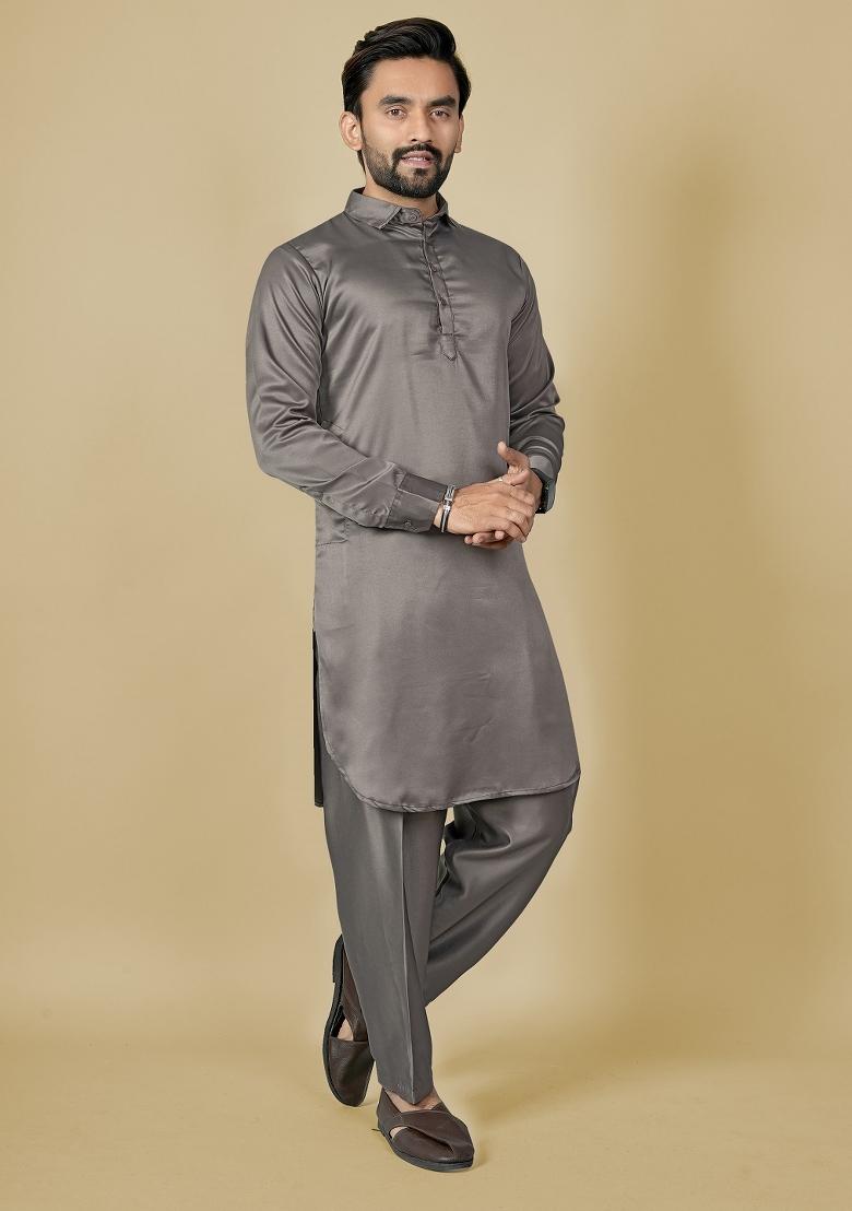 Brown Motif Satin Kurta Set For Men - Indya