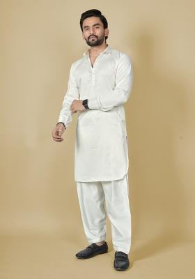 White Motif Satin Kurta Set For Men